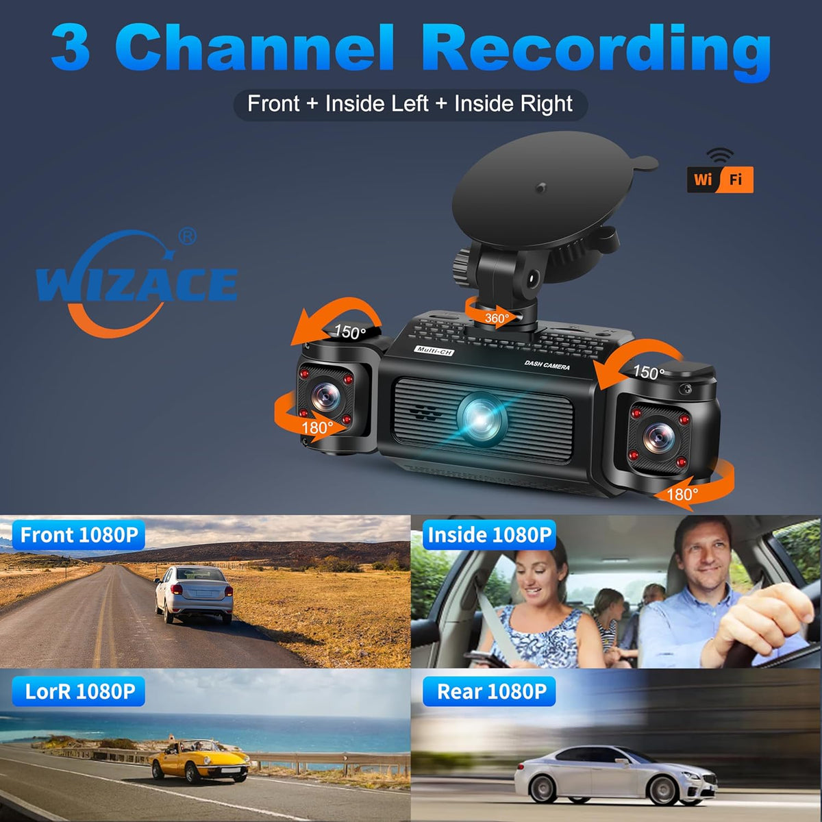 3 Channel Dash Cam WiFi FHD 2K Car Camera with 64GB Card, WIZACE 270° Front Dash Camera Front and Inside Left Right for Cars, Mini Dashcams with Night Vision,Loop Recording,WDR,G-Sensor, APP - PuriLite
