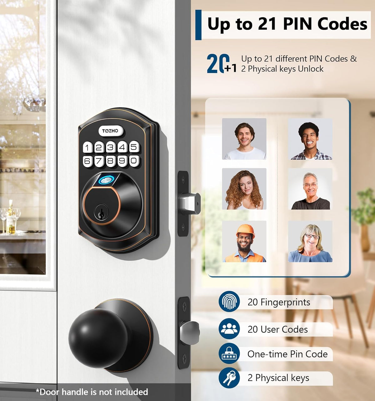 TEEHO TE002 Fingerprint Door Lock, Smart Keyless Entry Electronic Keypad Deadbolt for Front Door - Auto Lock - Easy Installation - Matte Black - PuriLite