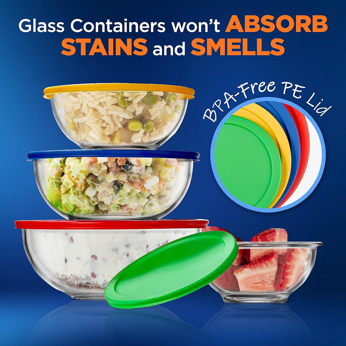 NutriChef 4-Piece Glass Mixing Bowl Set with Airtight Lids - Meal Prep Containers, Salad Bowls - Stackable, Leakproof, Freezer-to-Oven Safe, Dishwasher Safe - PuriLite