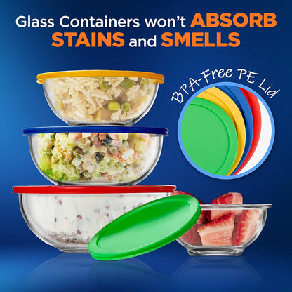 NutriChef 4-Piece Glass Mixing Bowl Set with Airtight Lids - Meal Prep Containers, Salad Bowls - Stackable, Leakproof, Freezer-to-Oven Safe, Dishwasher Safe - PuriLite