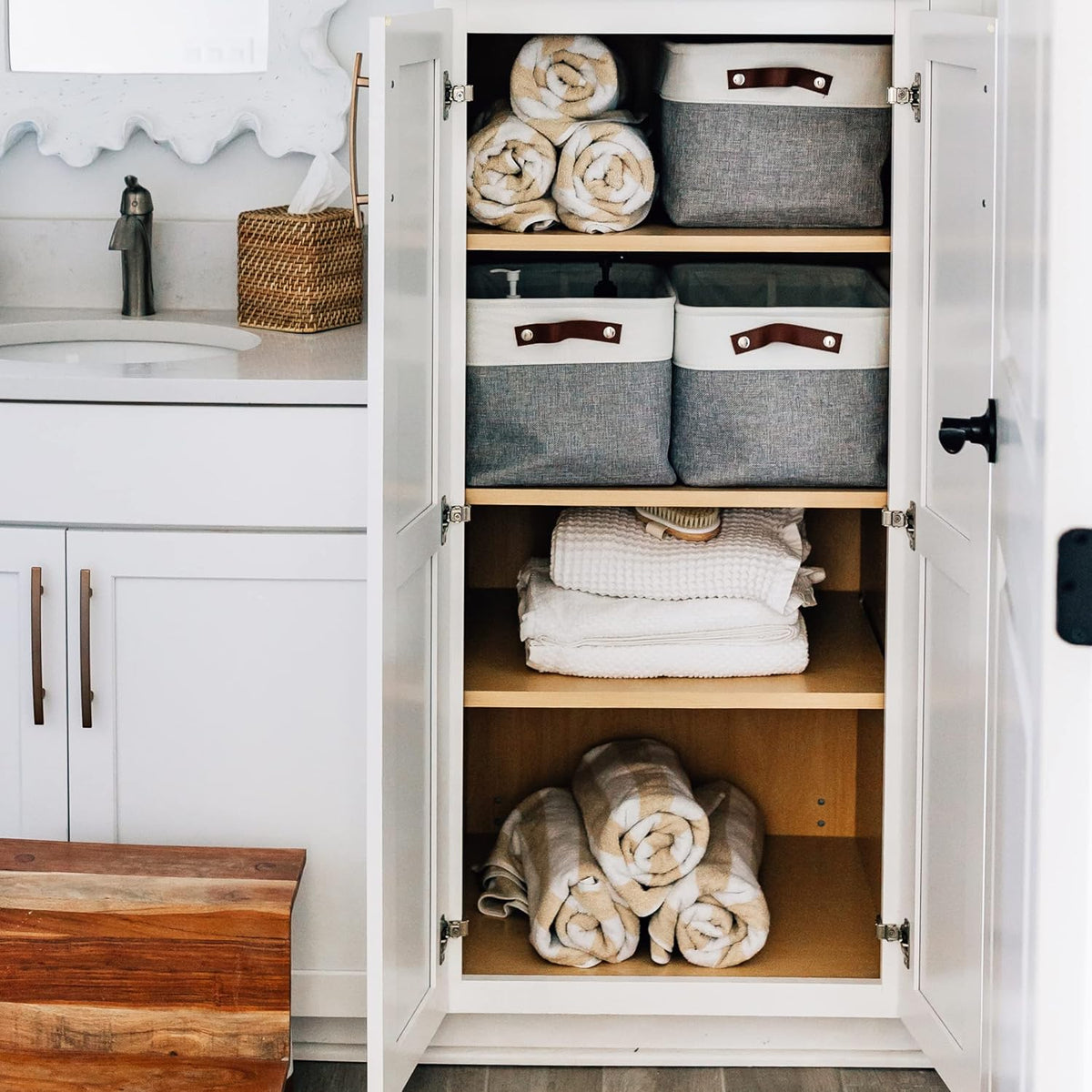 OrganiHaus Large Fabric Storage Baskets for Shelves 3 Pack, 15x11in Closet Storage Bins for Shelves, Cloth Baskets, Fabric Storage Cubes, Linen Closet Organizers, Fabric Basket, White Basket - PuriLite