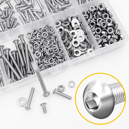 Mywish 900Pcs Metric Screw Assortment, M3 M4 M5 M6 Screw Assortment Kit 304 Stainless Steel Hex Socket Button Head Socket Cap Metric Screws Bolts & Flat Washers/Nuts/Hex Wrenches 16 Sizes 8MM to 20MM - PuriLite