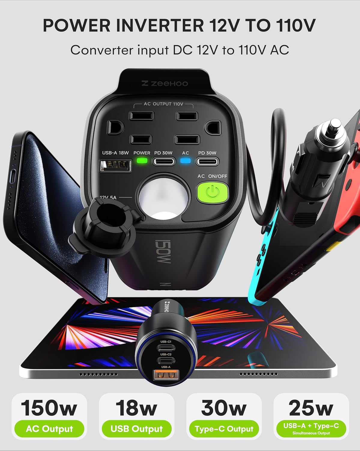150W Car Power Inverter, 12V DC to 110V AC Car Plug Adapter Outlet Converter, with 2 AC Outlets, A 18W USB A and Dual 30W PD Car Charger, for Laptop Computer - Black - PuriLite