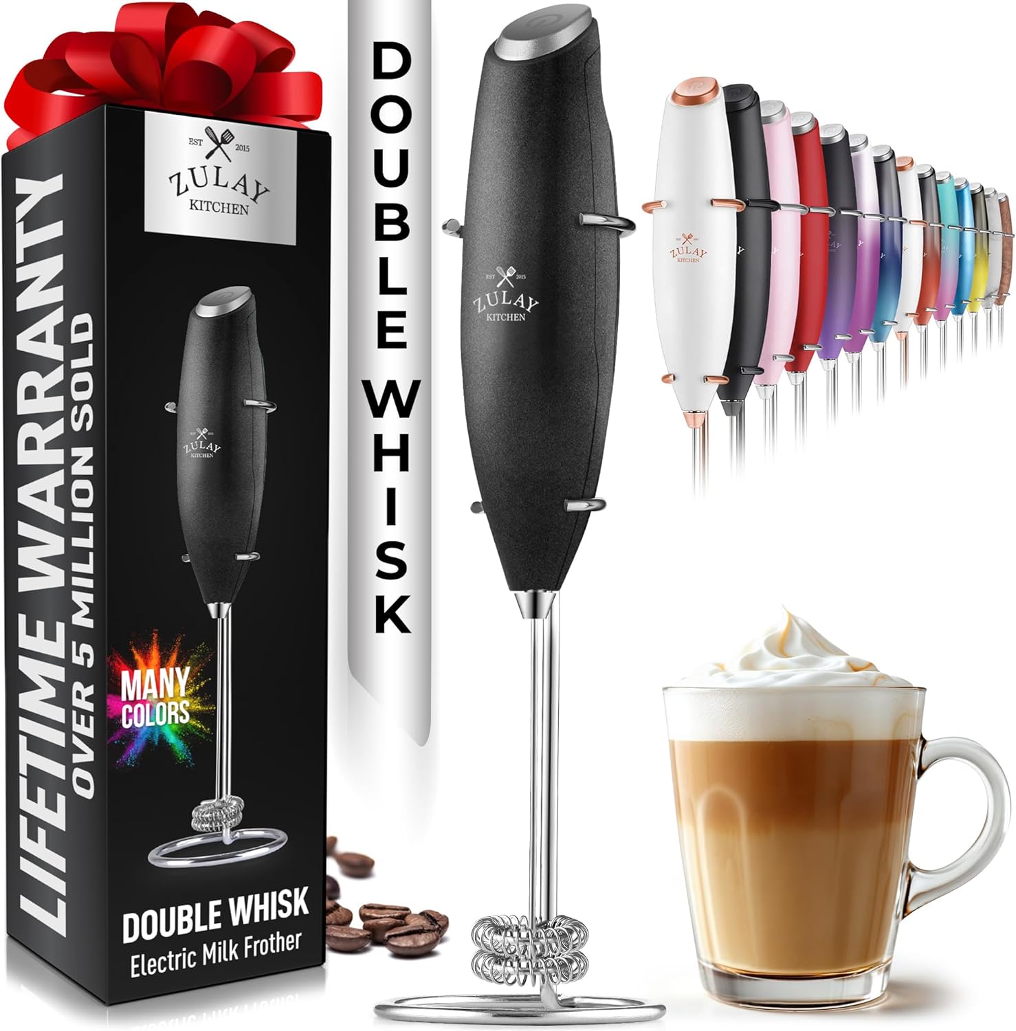 Zulay Kitchen Powerful Double Whisk Milk Frother Handheld - Foam Maker with Stand - Whisk Drink Mixer for Coffee, Mini Foamer for Latte, Matcha, Frappe, Hot Chocolate & Cappuccino (Black) - PuriLite