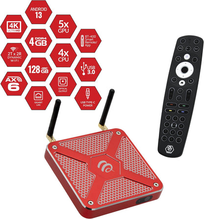 BuzzTV X5 SS Android 13 TV Box, 4GB DDR4 RAM, 128GB Storage, Scarlet Red Aluminum, Dual Voice-Controlled Remote, Wireless AX, USB-C, Global Power Adapters - PuriLite