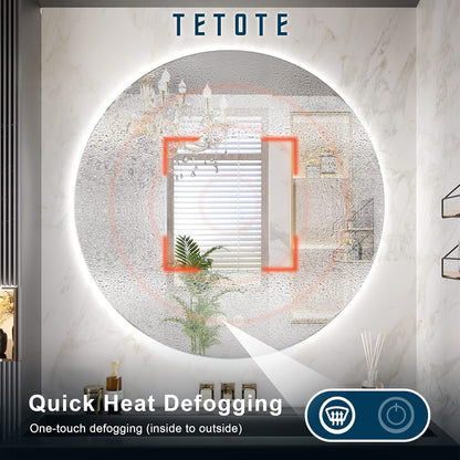 TETOTE 28 Inch Round LED Bathroom Vanity Mirror, Anti-Fog Dimmable Lights IP54 Waterproof Circle Makeup Wall Mounted Mirror - PuriLite