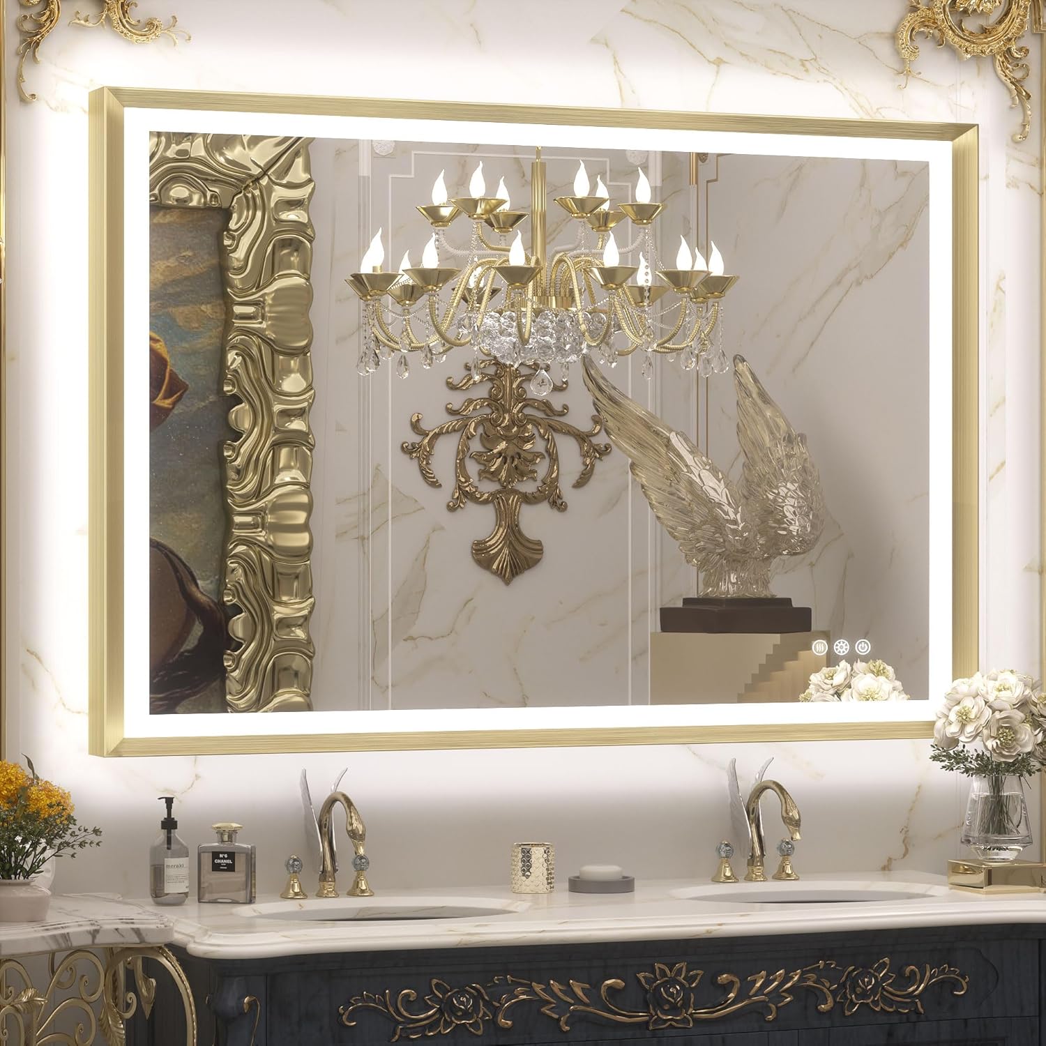 TETOTE 28x36 LED Mirror for Bathroom Black Metal Frame Frontlit & Backlit Lighted Vanity Mirror Baroque Gothic Anti Fog Stepless Dimmable White/Warm/Natural,Wall Mounted(Horizontal/Vertical) - PuriLite