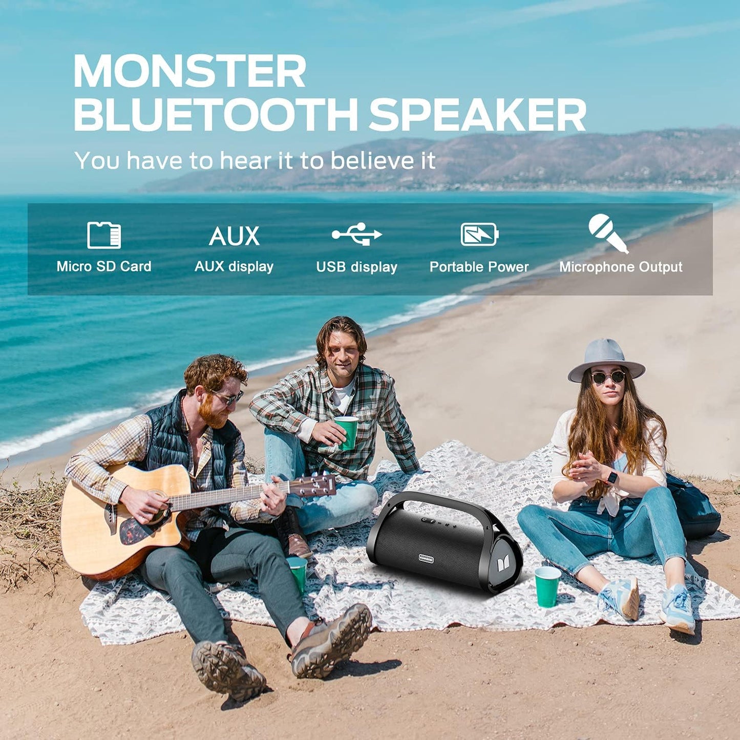 Monster Adventurer Max Bluetooth Speaker with Two Wireless Microphones, IPX7 Waterproof Outdoor Speakers with 100W Powerful Stereo Sound, Portable Bluetooth Speakers for Home, Camping, Silver - PuriLite