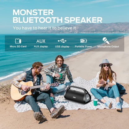 Monster Adventurer Max Bluetooth Speaker with Two Wireless Microphones, IPX7 Waterproof Outdoor Speakers with 100W Powerful Stereo Sound, Portable Bluetooth Speakers for Home, Camping, Silver - PuriLite
