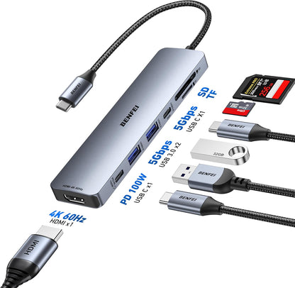 7-in-1 USB-C Hub Adapter with 4K HDMI 60Hz, 100W Power Delivery, USB-A & USB-C Data Ports, SD/TF Card Reader, Silicone Cable – Compact Multiport USB-C Dongle - PuriLite