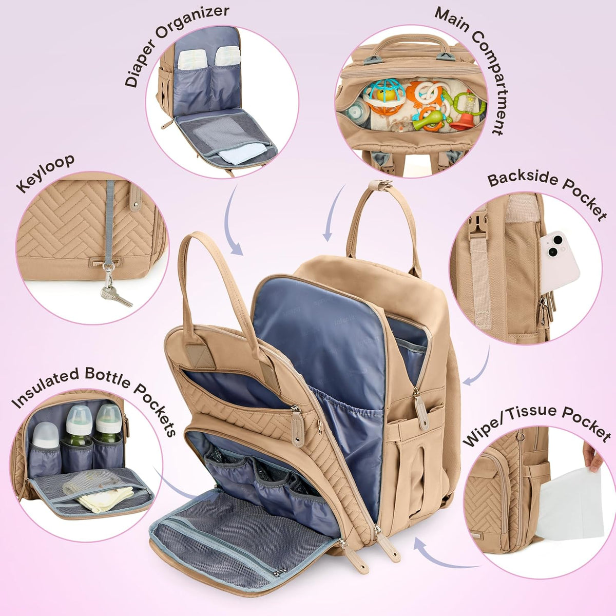 Diaper Bag Backpack, iniuniu Large Baby Bags with Diaper Pouch, Washable Changing Pad, Pacifier Case and Stroller Straps - PuriLite