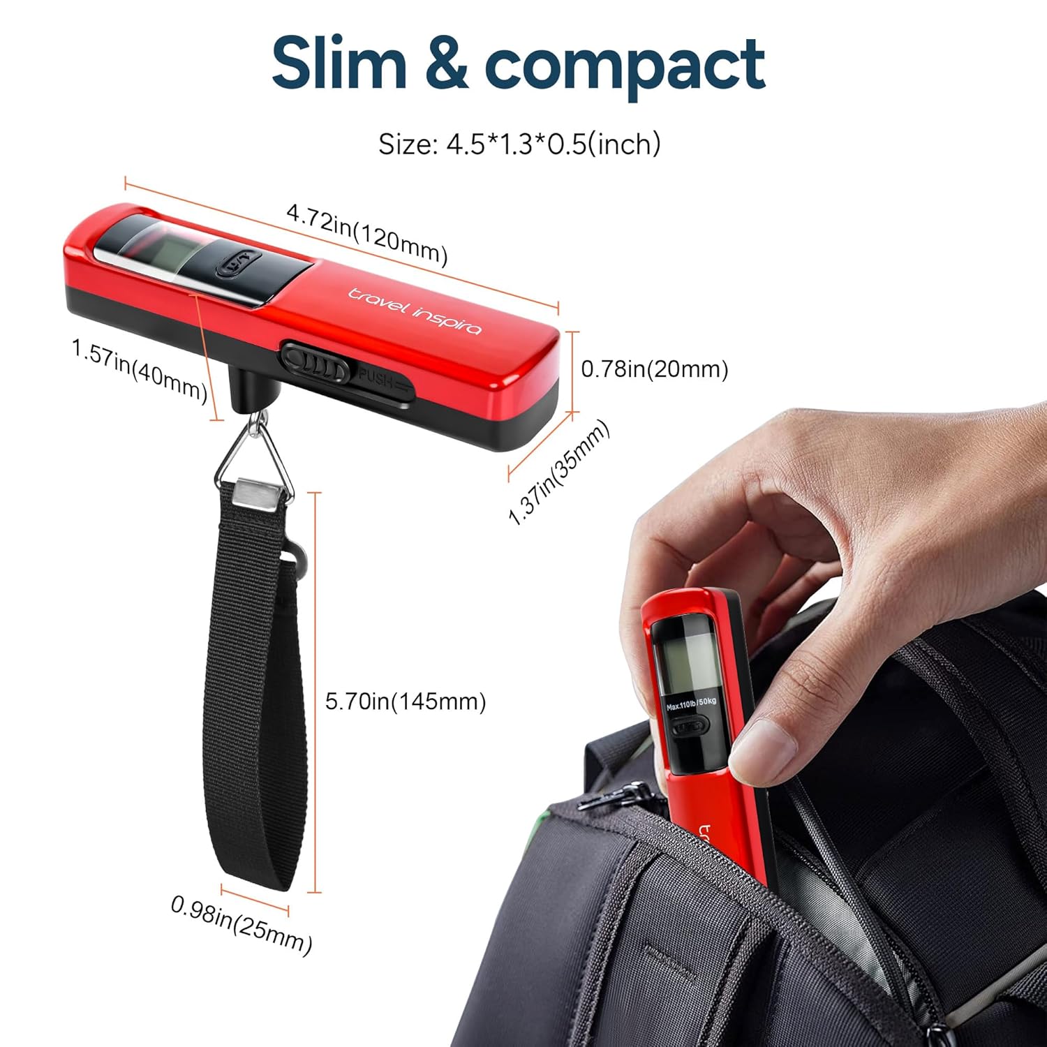 travel inspira Luggage Scale Battery-Free, Portable Handheld Digital Suitcase Scale for Travelling, 110lbs/50kg - PuriLite