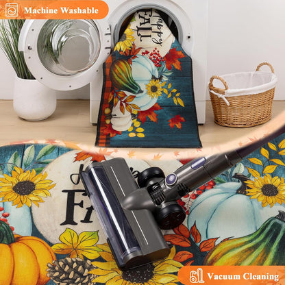 HEBE Fall Kitchen Rugs Set of 3, Washable Pumpkin Kitchen Mats for Floor Non Slip Buffalo Plaid Autumn Kitchen Runner Rug and Carpet Set, Low Profile Sunflower Floor Mats for Thanksgiving Décor