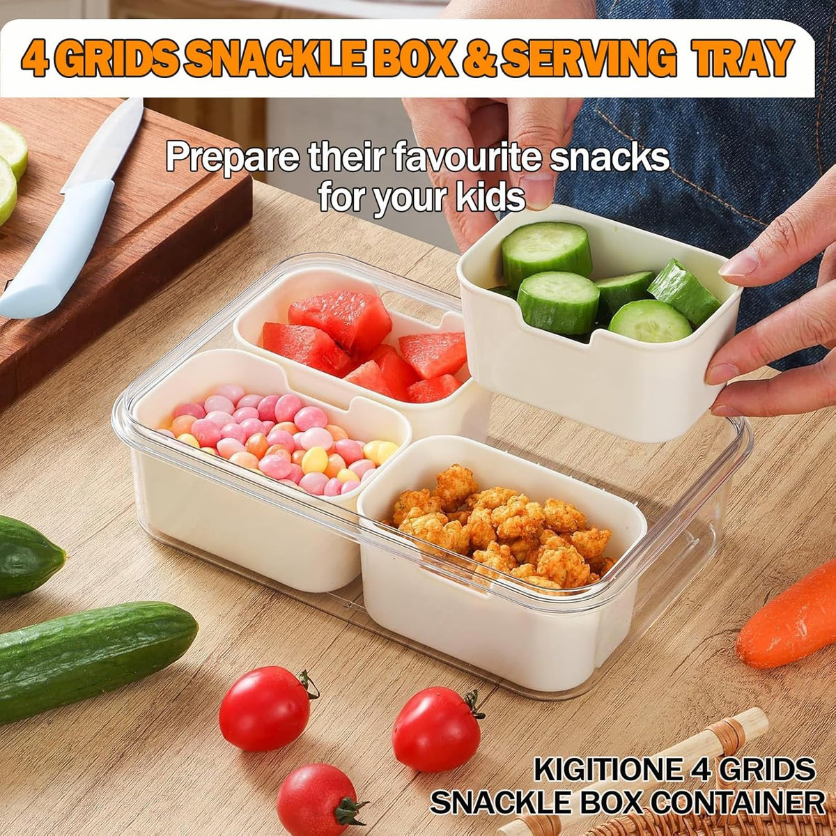 KIGITIONE Snackle Box, Pink 8 Compartments Portable Serving Tray, Divided Snackle Box Container with Lid and Handle, Snack Organizer for Fruits, Snacks, Nuts, Candy, Ideal for Party, Travel & Picnics - PuriLite