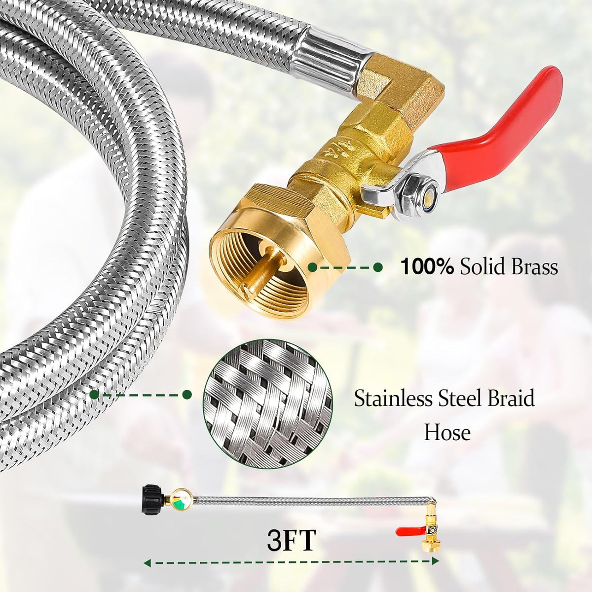 Propane Refill Adapter 20lb to 1lb Camping - 3FT/36inch Stainless Steel Hose with Gauge and ON-Off Control Valve - Fits QCC1 / Type1 Tank, 2 Caps Included - PuriLite