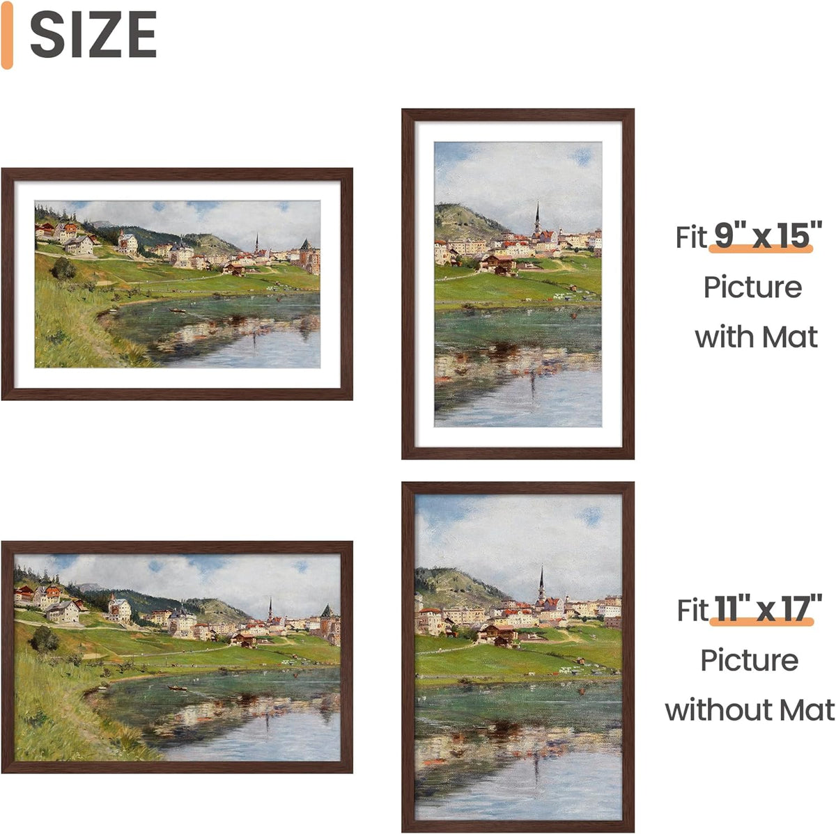 upsimples 11x14 Picture Frame, Display Pictures 8x10 with Mat or 11x14 Without Mat, Wall Hanging Photo Frames, Black - PuriLite