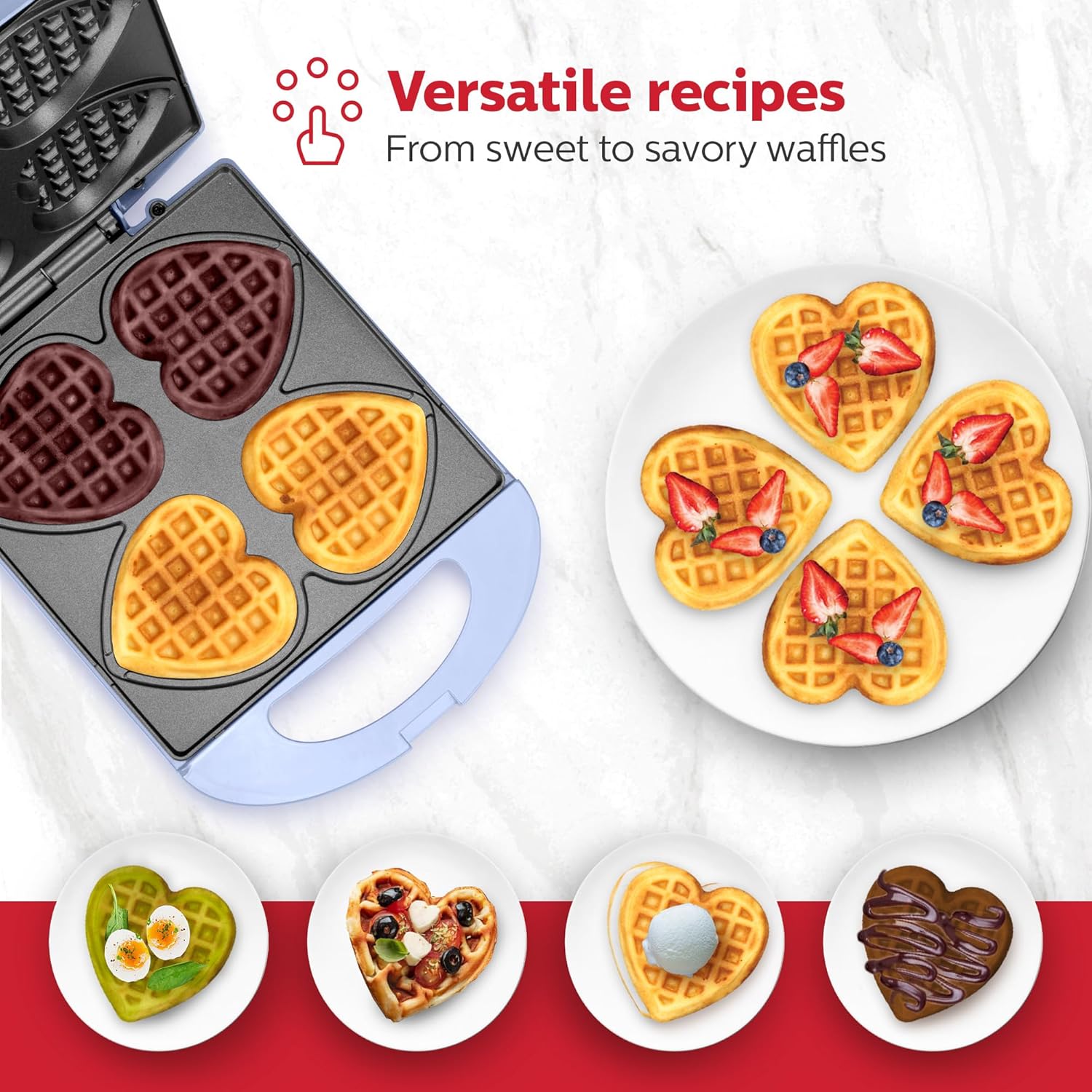 Holstein Housewares - Non-Stick Heart Waffle Maker, Lavender - Makes 4 Heart-Shaped Waffles in Minutes - PuriLite