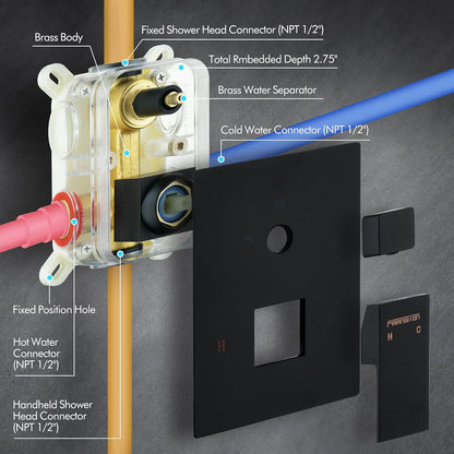 Fransiton Shower System Rain Shower System Set Ceiling Mounted, Rainfall Shower Head with Handheld, Bathroom Shower Kit (Valve Included) (8" - Wall Mount, Matte Black) - PuriLite