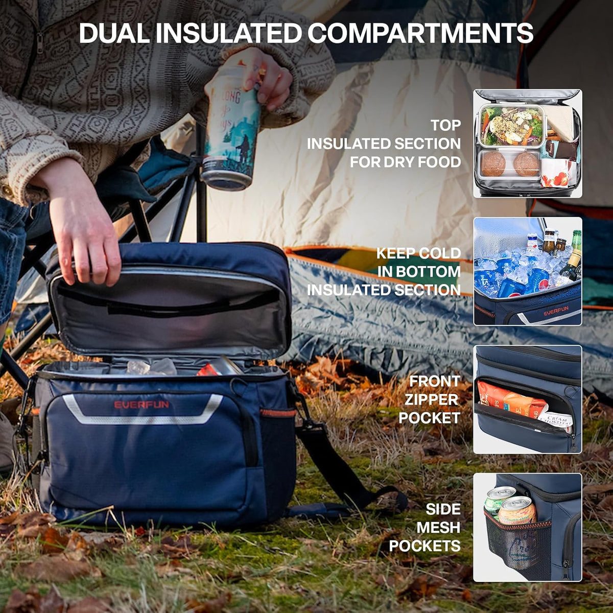 EVERFUN Cooler Bag Insulated Beach Cooler Lunch Bag Box for Men Women Dual Compartments Collapsible Waterproof Leak-Proof for Travel Work Picnic - PuriLite