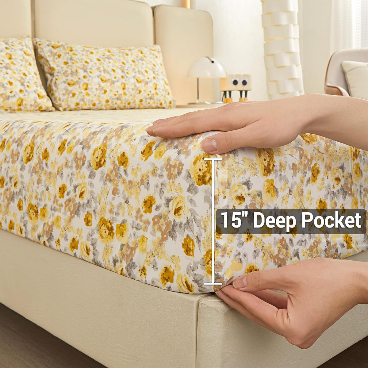Viviland Floral Queen Sheet Set - 4 Piece Vintage Pink & Yellow Flower Patterned Bed Sheets - Soft, Breathable Microfiber Sheets with Deep Pocket, Non-Slip Fitted Sheets & Pillowcases - PuriLite
