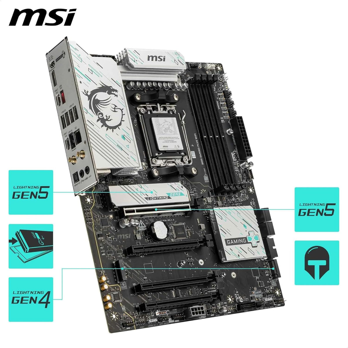 MSI B850 Gaming Plus WiFi Gaming Motherboard (AMD Ryzen 9000/8000/7000 Series Processors, AM5, DDR5, PCIe 4.0, M.2, SATA 6Gb/s, USB 3.2 Gen 2, HDMI/DP, Wi-Fi 6E, Bluetooth 5.3, 2.5Gbps LAN, ATX) - PuriLite