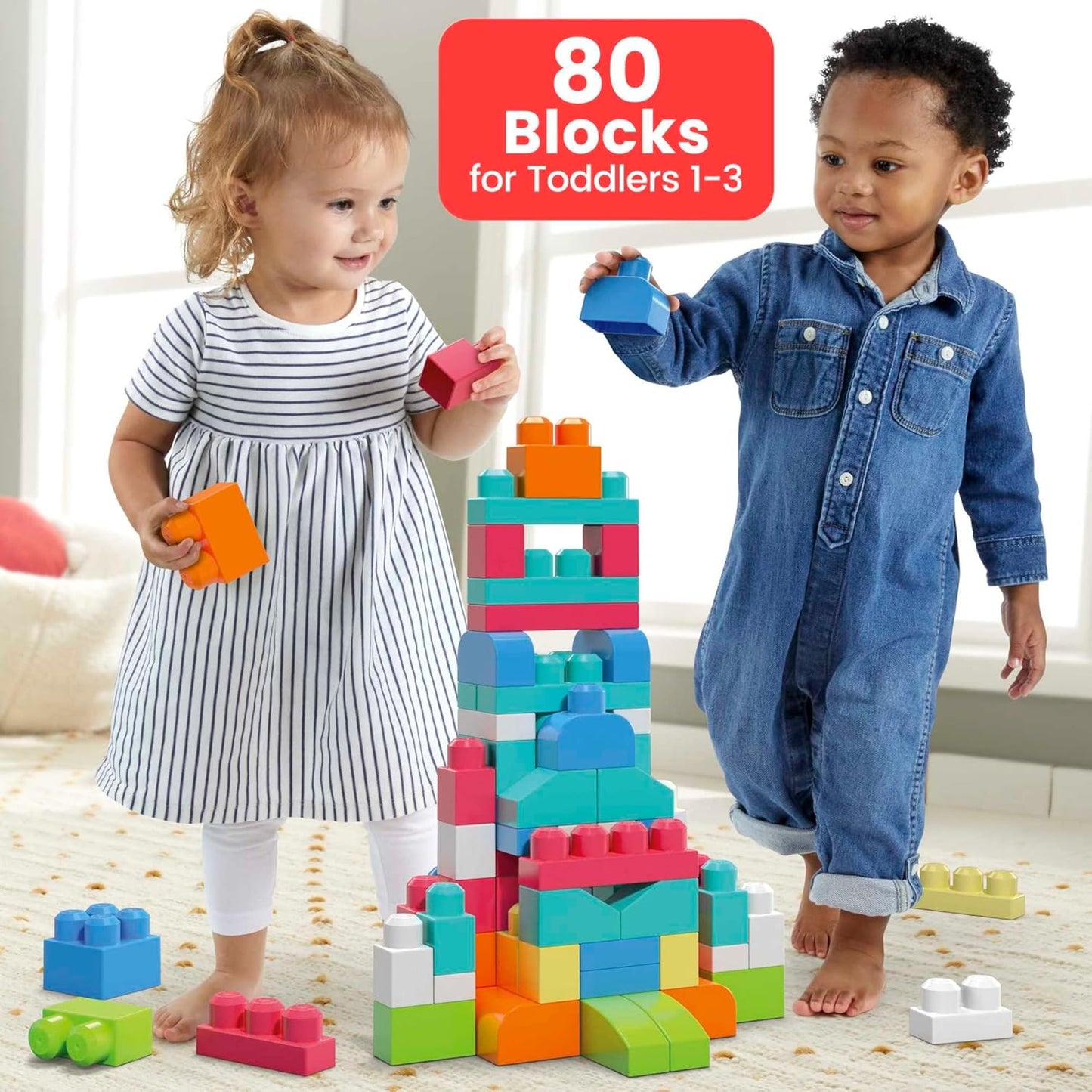 MEGA BLOKS First Builders Toddler Blocks Toys Set, Big Building Bag with 80 Pieces and Storage, Blue, Ages 1+ Years - PuriLite