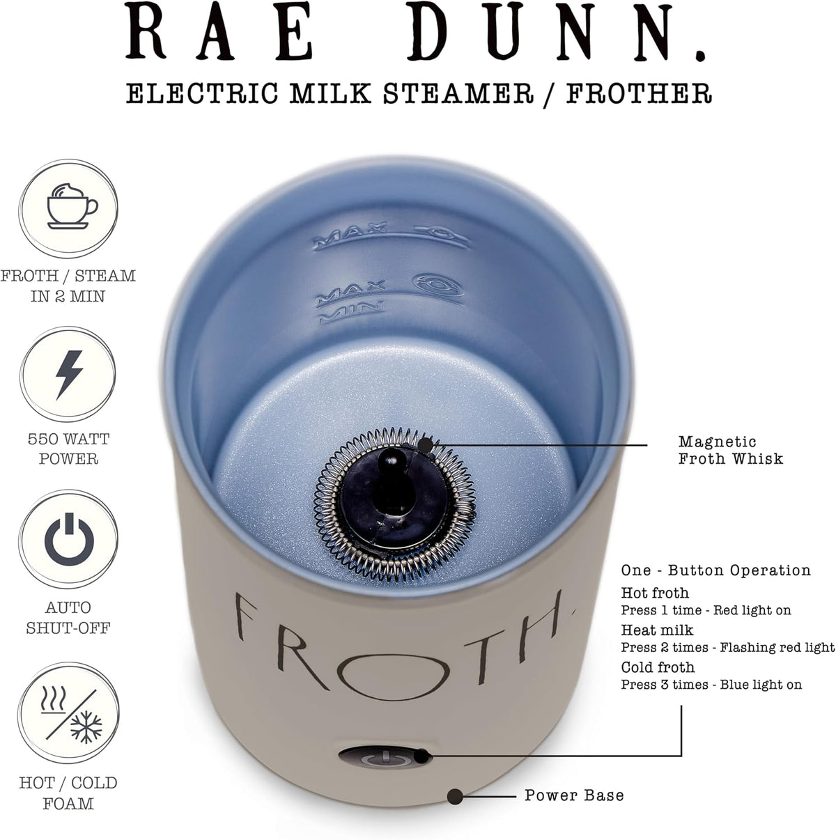 Rae Dunn - Electric Milk Frother - Elegant Automatic Milk Steamer and Frother, Milk Warmer, Hot and Cold Frothing Machine for Coffee, Latte, Cappuccino, Macchiato, - PuriLite