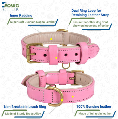 DowgClub | Genuine Leather Dog Collar | Full Grain, Heavy Duty | Comfortable, Strong | Best for Pups, Small, Medium & Large Breeds | Pink, Brown, Black, Tan - PuriLite