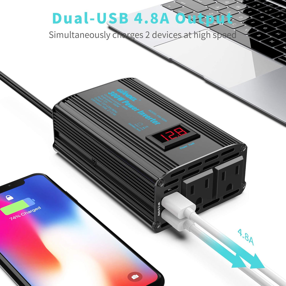 300W Power Inverter DC 12V to AC 120V Car Power Converter Adapter with 2x2.4A USB Ports and LED Display Dual AC Outlets【3YRS Warranty】 Black - PuriLite