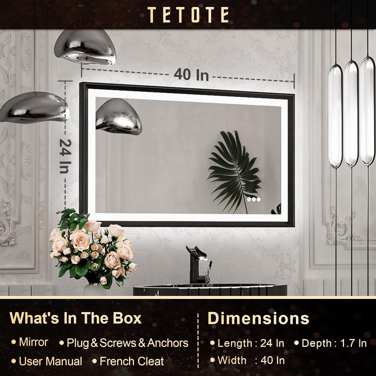 TETOTE 28x36 LED Mirror for Bathroom Black Metal Frame Frontlit & Backlit Lighted Vanity Mirror Baroque Gothic Anti Fog Stepless Dimmable White/Warm/Natural,Wall Mounted(Horizontal/Vertical) - PuriLite