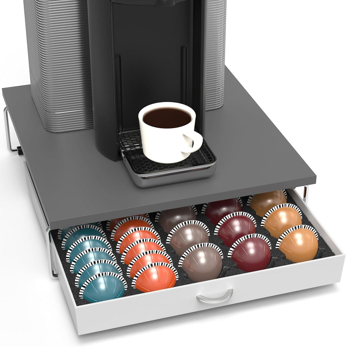 DecoBrothers Vertuo Pod Holder VertuoLine Drawer Storage for Nespresso Coffee Capsules, Crystal Tempered Glass, White - PuriLite