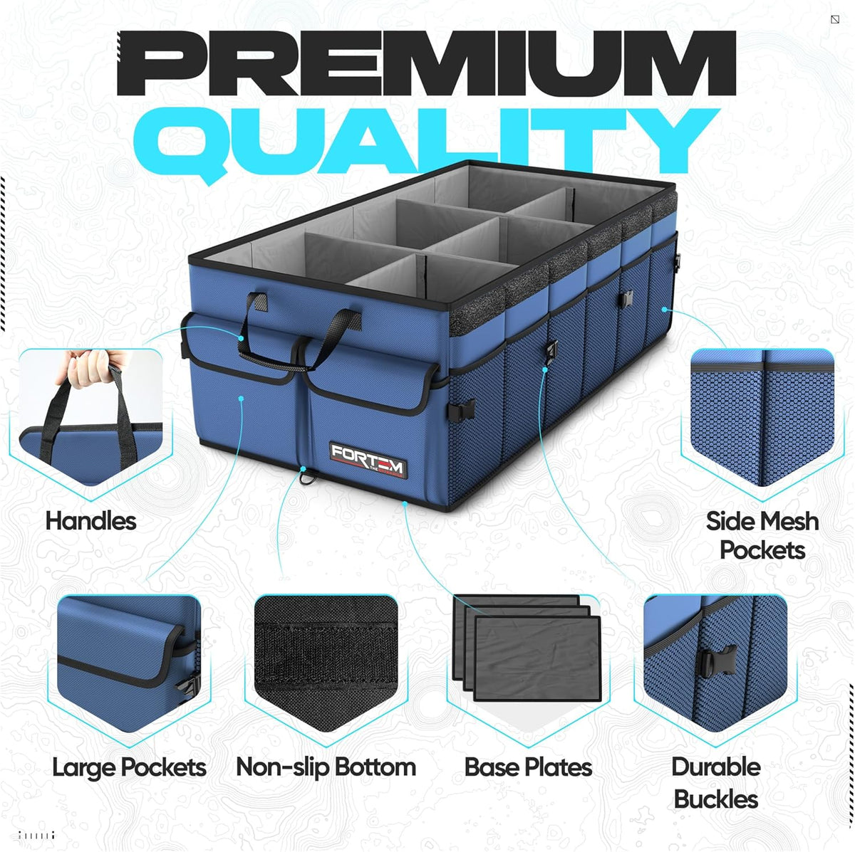 FORTEM Car Trunk Organizer, Collapsible Multi Compartment Car Organizer, Foldable SUV Storage for Car Accessories for Women Men, Non Slip Bottom, Securing Straps, Soft Cover 50L (Black, Standard) - PuriLite
