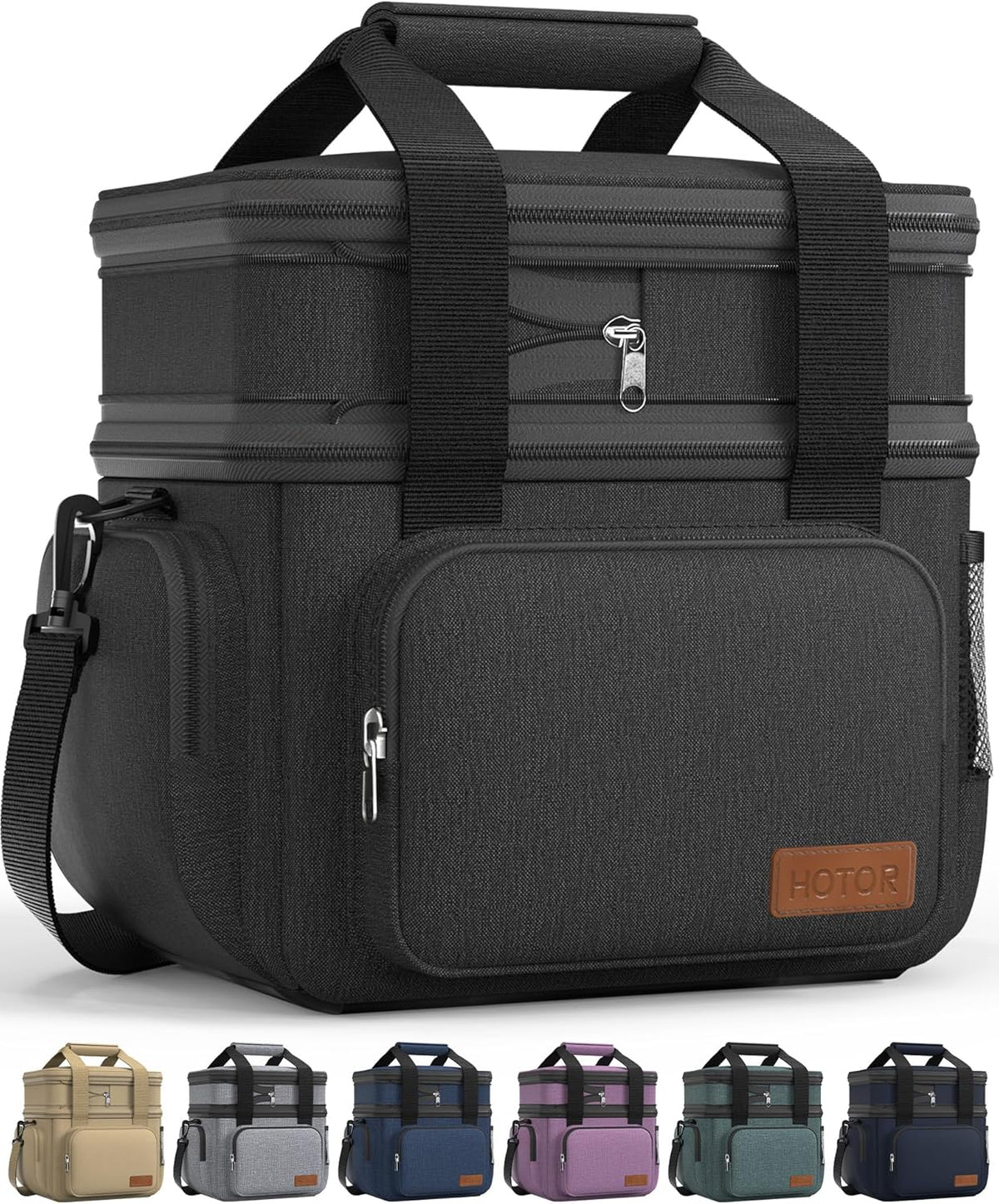 HOTOR Lunch Box for Men and Women - Leak-Proof Insulated Lunch Bag with Adjustable Shoulder Strap, Cooler Lunch Bag for Office, Picnic, Hiking, Beach, 1 Layer, Black, 11.0" x 7.1" x 8.3" - PuriLite