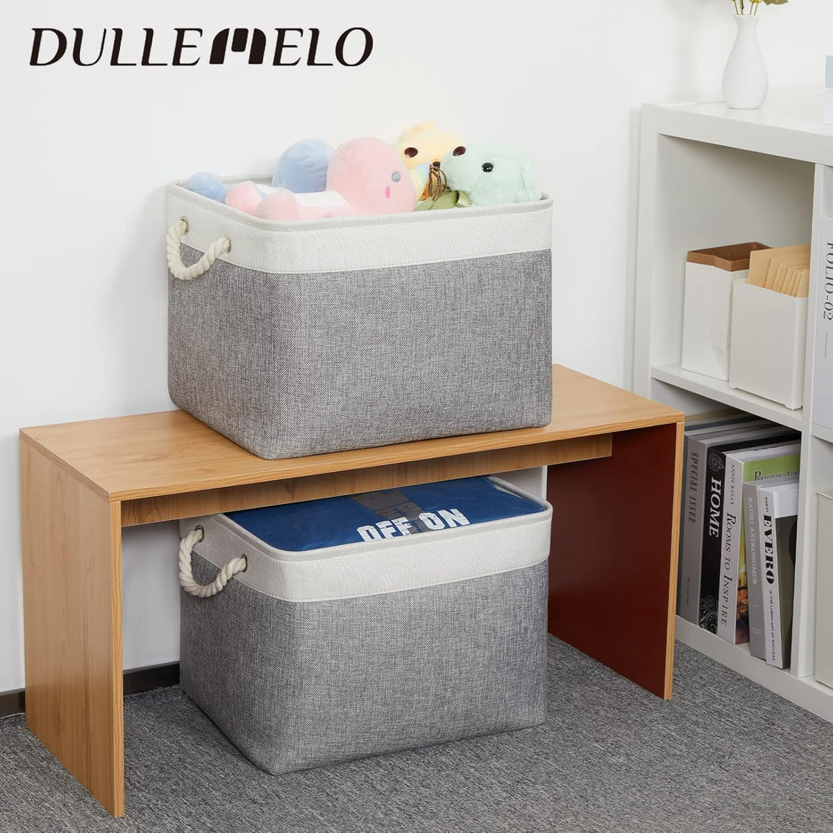 DULLEMELO Storage Baskets for Shelves, Fabric Collapsible Rectangular Storage Bins for Shelves, Closets, Nursery, Home, Office, Empty Gift Baskets (White&Teal) - PuriLite