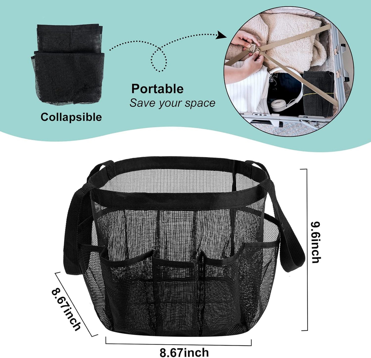 Attmu Mesh Shower Caddy Portable for College Dorm Room Essentials with 8 Pockets, Hanging Shower Caddy Basket Tote Bag Toiletry Accessories for Bathroom - PuriLite