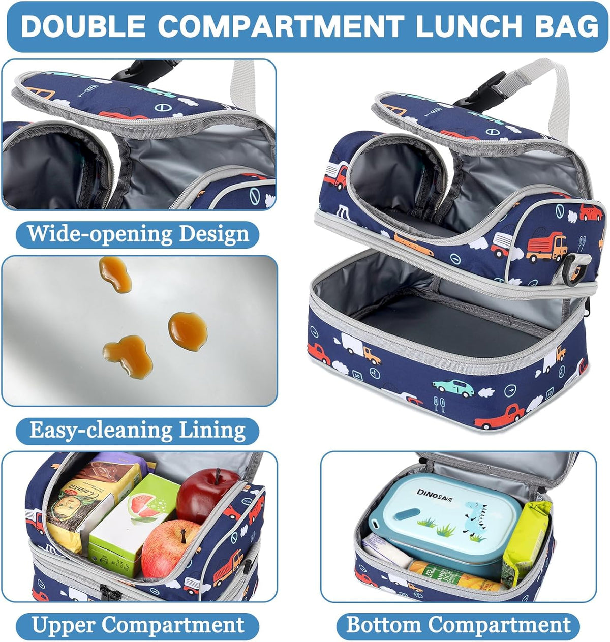 VASCHY Lunch Box Bag Men, Insulated Two Compartments Bento Cooler Bags for Adults/Women/Kids for School,Daycare,Kindergarten,Picnic Black - PuriLite