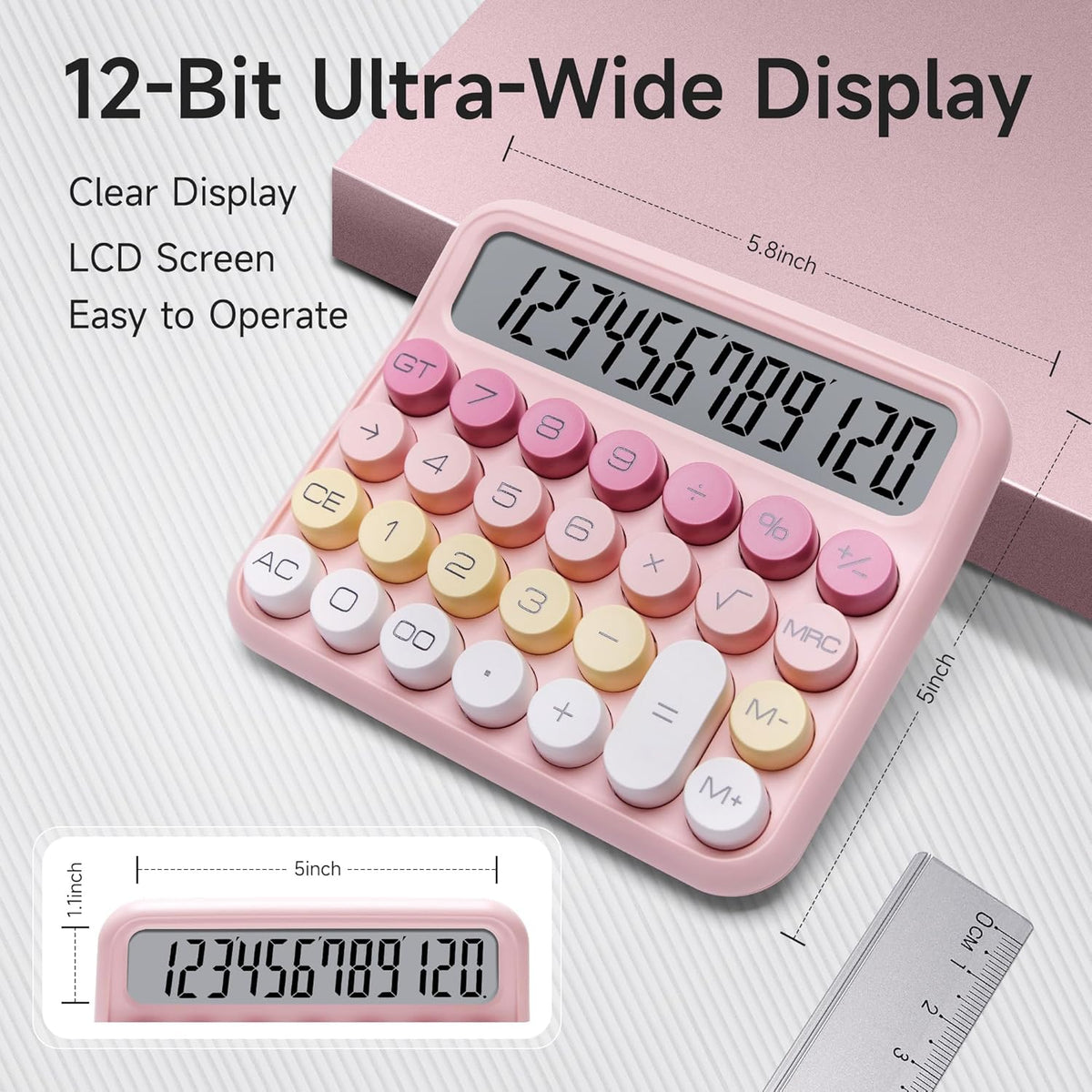 VEWINGL Mechanical Switch Calculator, 12 Digit Large LCD Display and Buttons, Great for Everyday Life and Basic Office Work, with Battery - PuriLite
