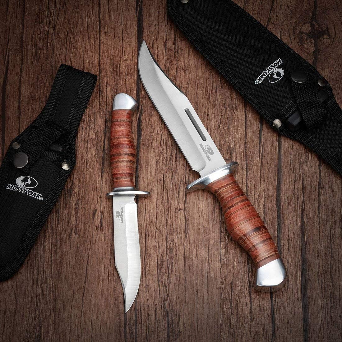 Mossy Oak 2-Piece Bowie Knife, Fixed Blade Hunting Buck Knife Set Leather Handle with Sheath - PuriLite
