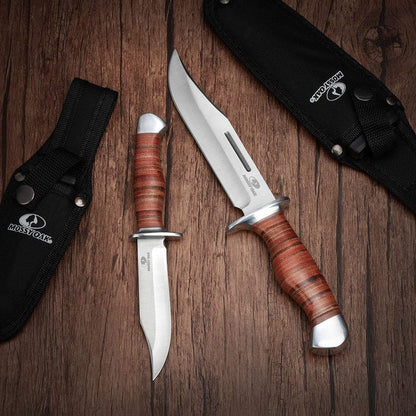 Mossy Oak 2-Piece Bowie Knife, Fixed Blade Hunting Buck Knife Set Leather Handle with Sheath - PuriLite