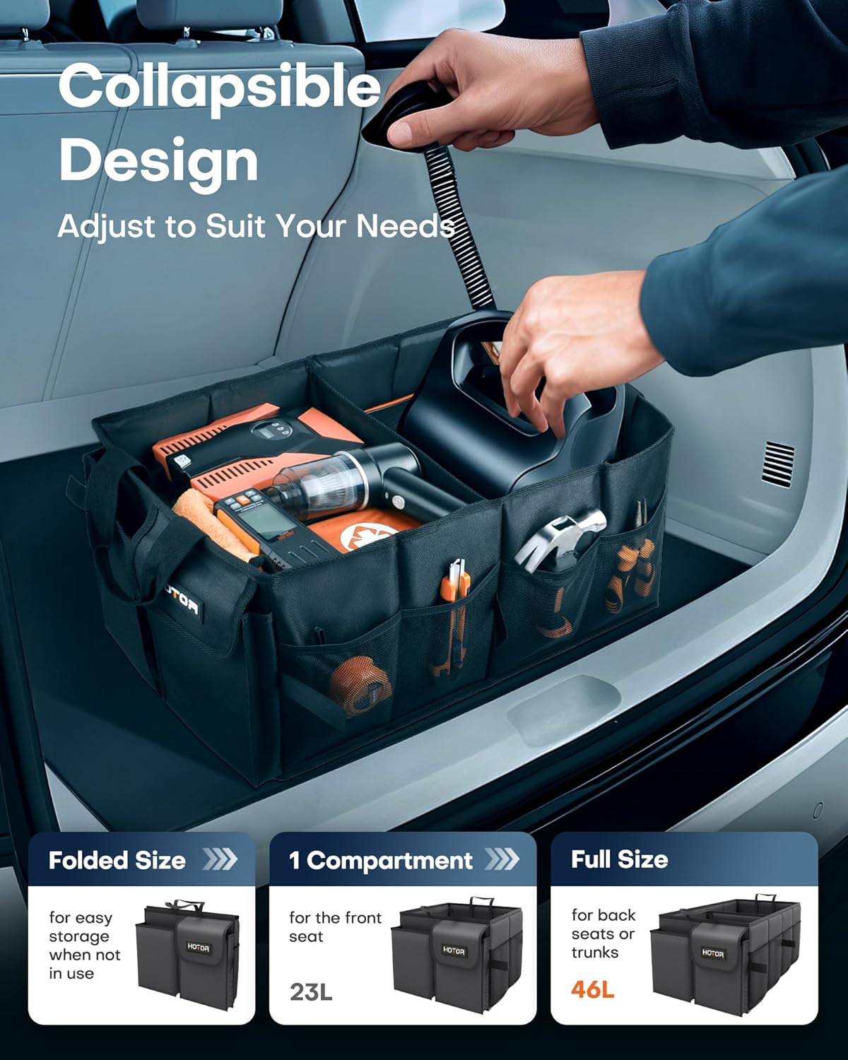 HOTOR Trunk Organizer - Car Organizer, Foldable Trunk organizer for SUVs & Sedans, Car Accessories, Tools, Sundries, 2 Compartments, Black - PuriLite