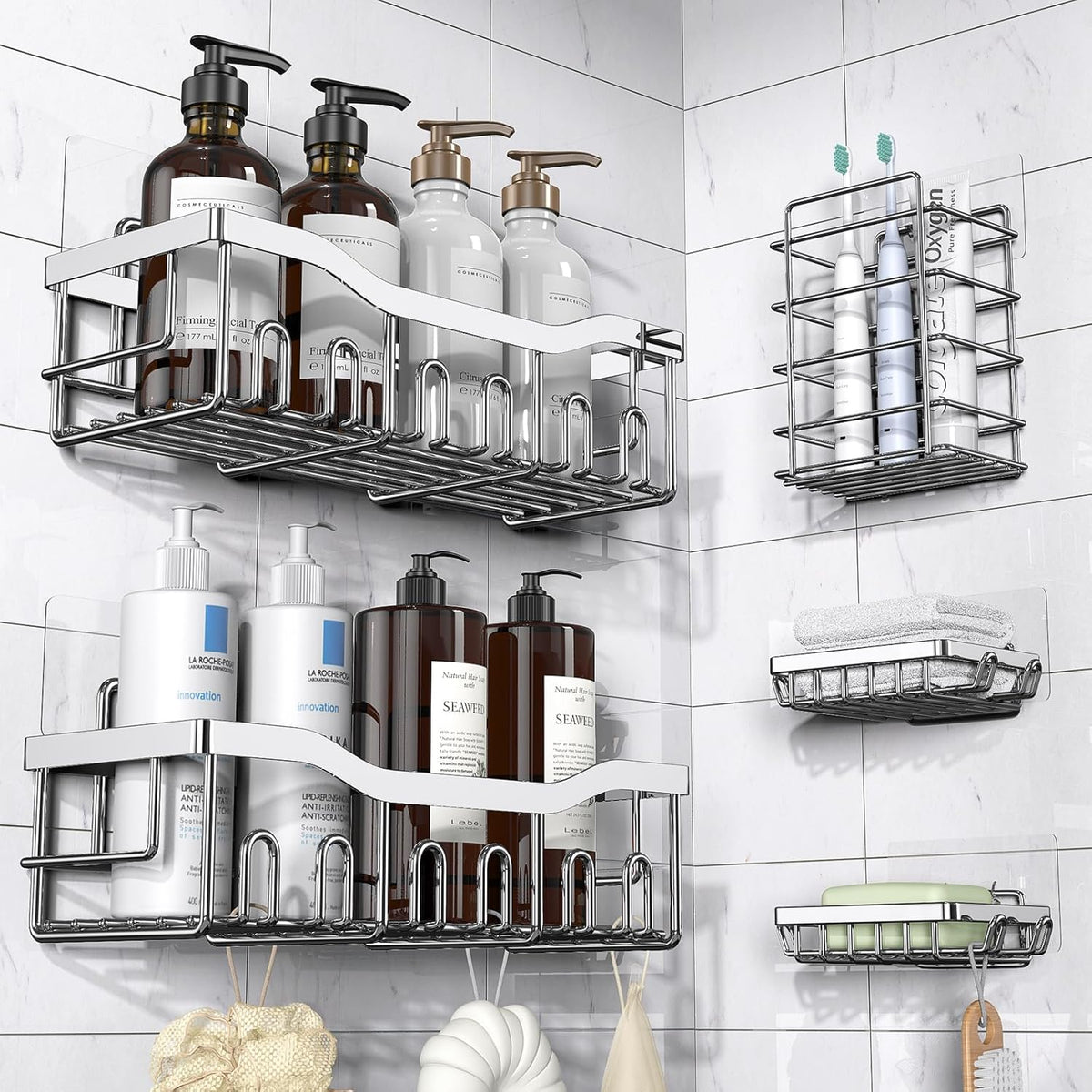 EUDELE 5-Pack Rustproof Stainless Steel Shower Caddy – No Drill Adhesive Bathroom Organizer with Large Capacity, Spacious Shower Shelves for Inside Shower, Kitchen & Home Decor Storage - PuriLite