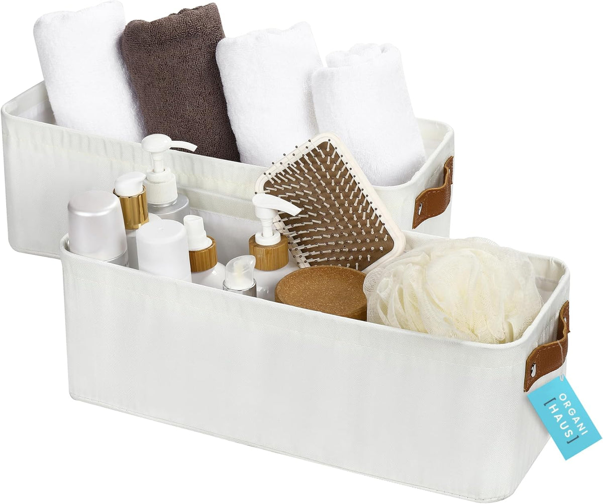 OrganiHaus Large Fabric Storage Baskets for Shelves 3 Pack, 15x11in Closet Storage Bins for Shelves, Cloth Baskets, Fabric Storage Cubes, Linen Closet Organizers, Fabric Basket, White Basket - PuriLite