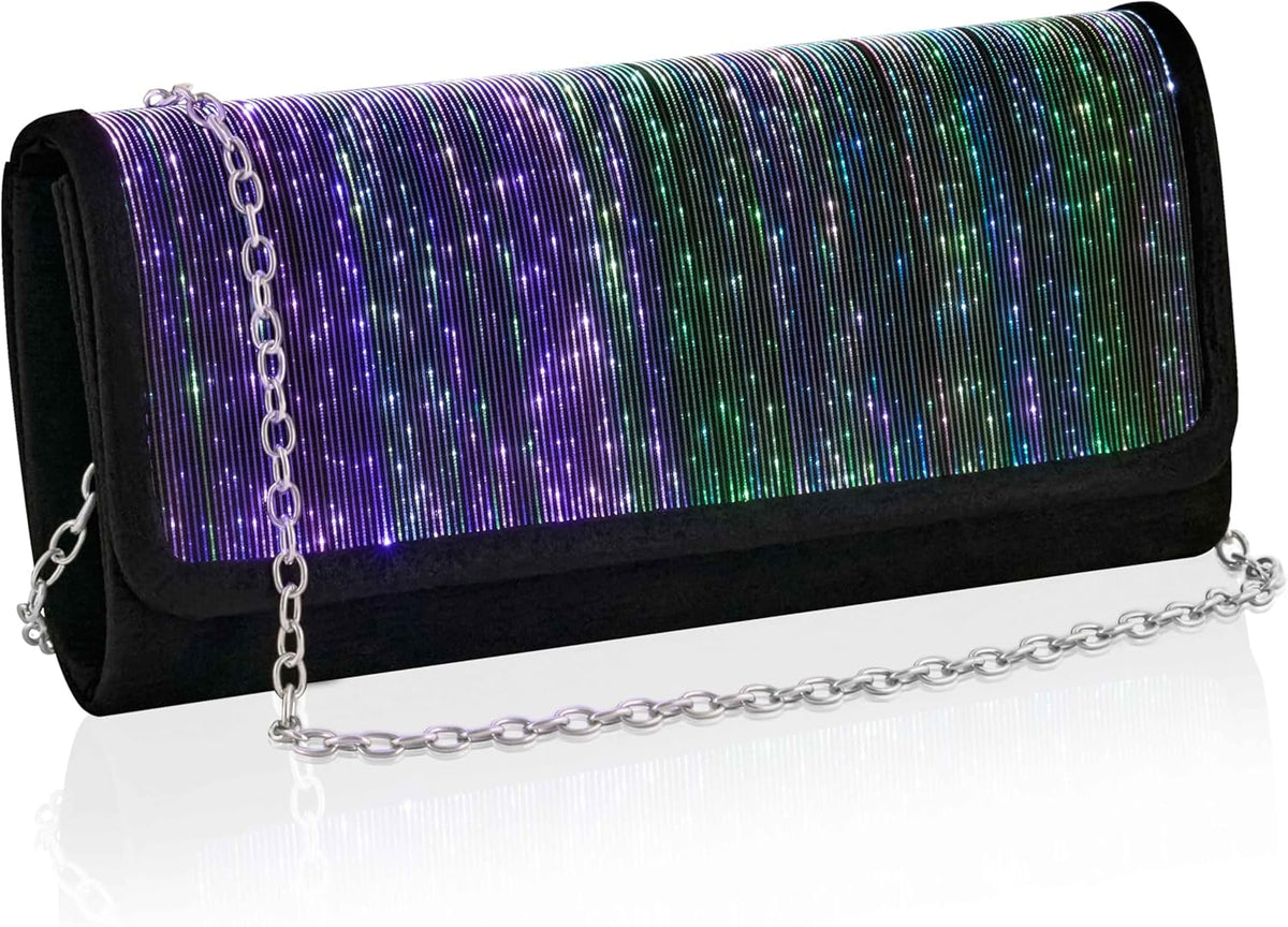 Larcenciel Clutch Purse for Women, LED Light Up Purse - 11 Neon Glow Modes, Holographic Evening Bag with Chain Strap, Rechargeable Party Handbag for Prom Disco Club Bar Night Events Weddings (Black) - PuriLite