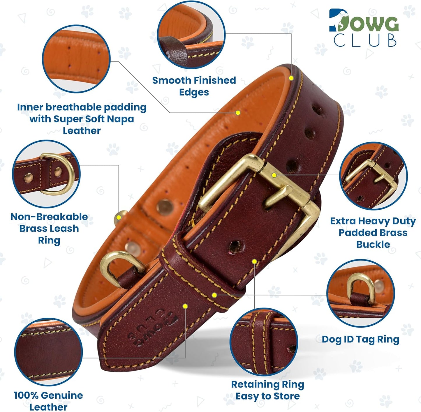 DowgClub | Genuine Leather Dog Collar | Full Grain, Heavy Duty | Comfortable, Strong | Best for Pups, Small, Medium & Large Breeds | Pink, Brown, Black, Tan - PuriLite
