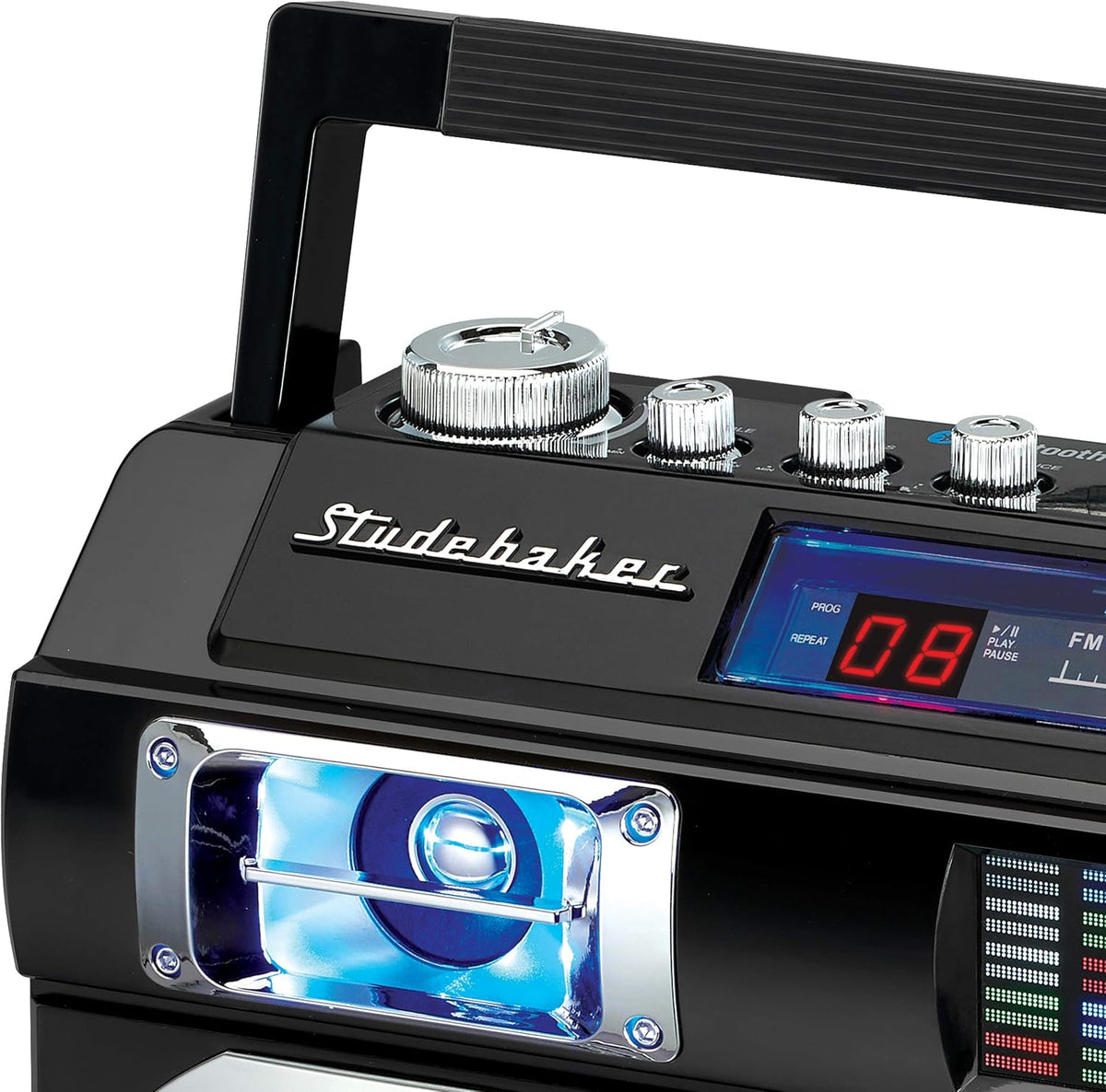Studebaker SB2145S 80's Retro Street Bluetooth Boombox with FM Radio, CD Player, LED EQ, 10 Watts RMS and AC/DC in Silver - PuriLite
