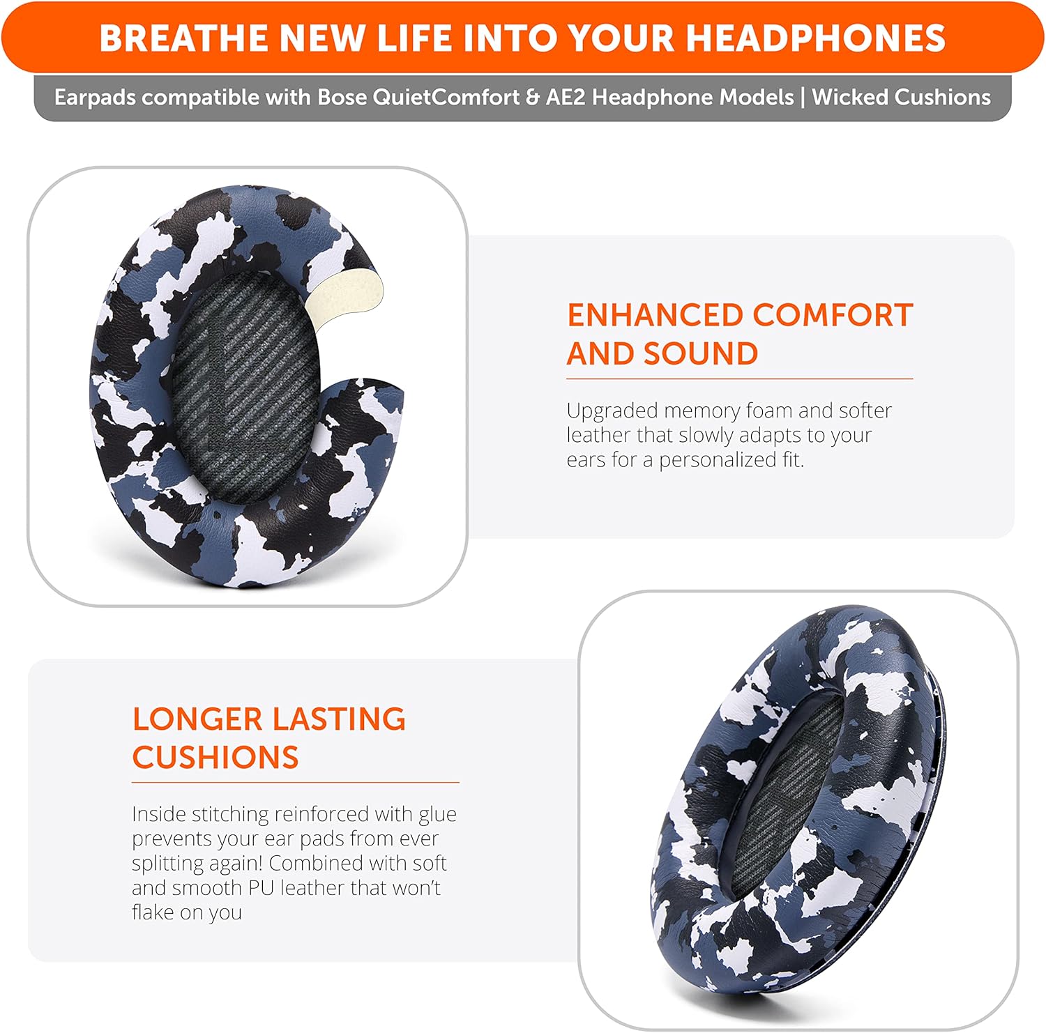 WC Wicked Cushions Upgraded Replacement Ear Pads for Bose QC35 & QC35ii (QuietComfort 35) Headphones & More - Softer Leather, Luxurious Memory Foam, Added Thickness, Extra Durability | Navy Tiger - PuriLite