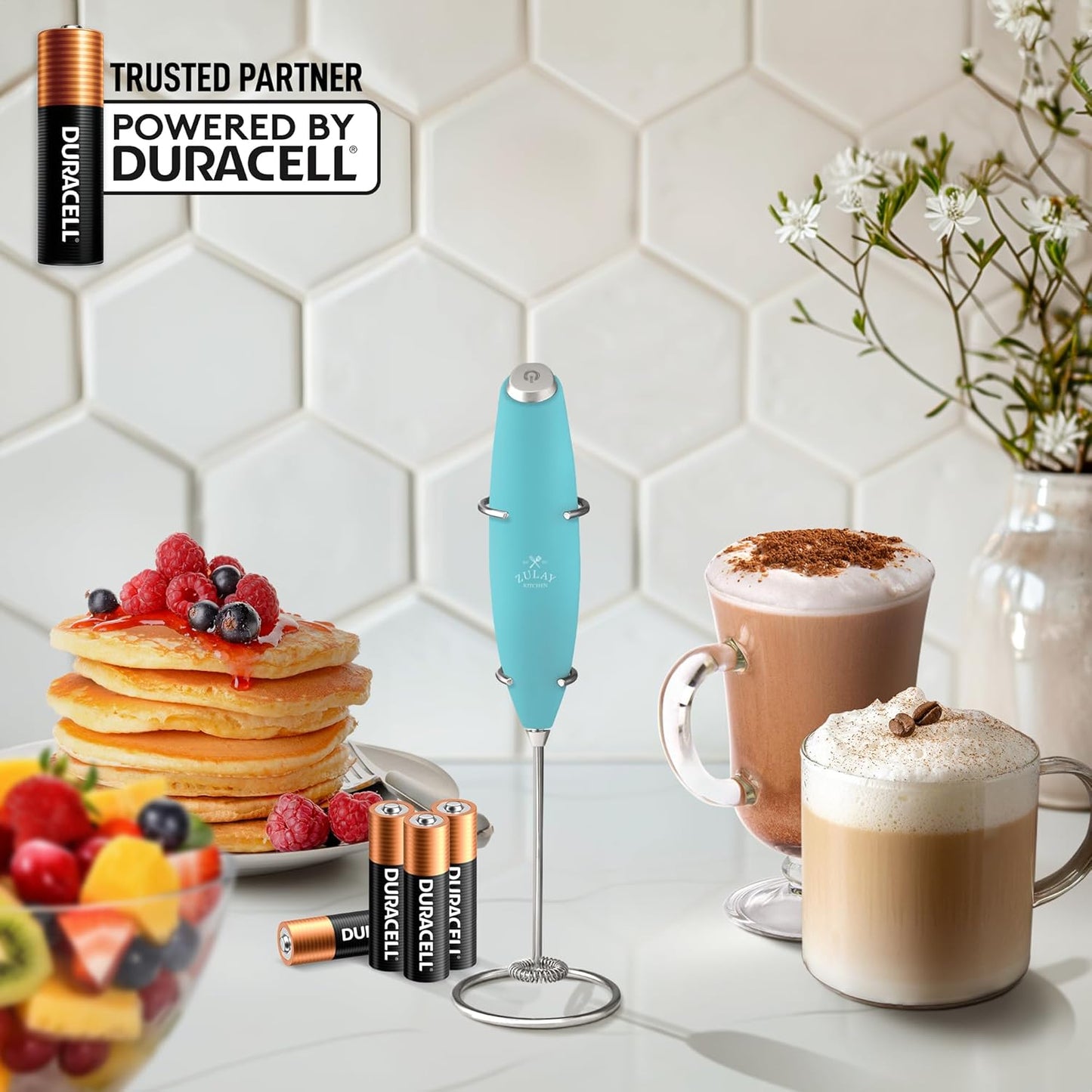 Zulay Kitchen Powerful Double Whisk Milk Frother Handheld - Foam Maker with Stand - Whisk Drink Mixer for Coffee, Mini Foamer for Latte, Matcha, Frappe, Hot Chocolate & Cappuccino (Black) - PuriLite