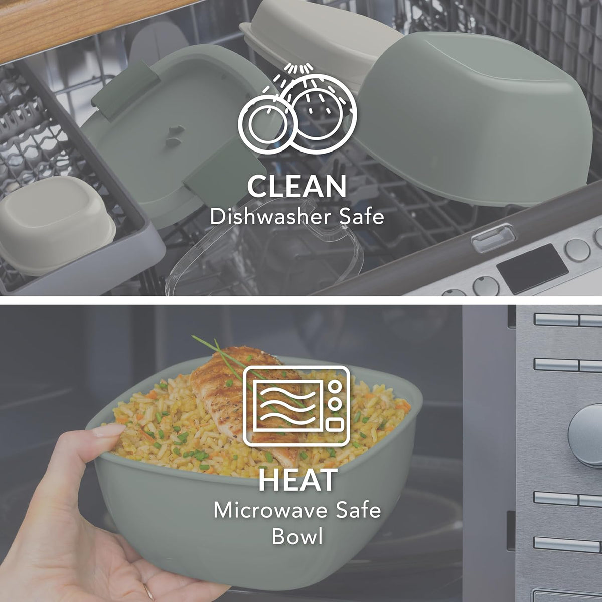 Bentgo Salad - Stackable Lunch Container with Large 54-oz Salad Bowl, 4-Compartment Bento-Style Tray for Toppings, 3-oz Sauce Container for Dressings, Built-in Reusable Fork & BPA-Free (Khaki Green) - PuriLite