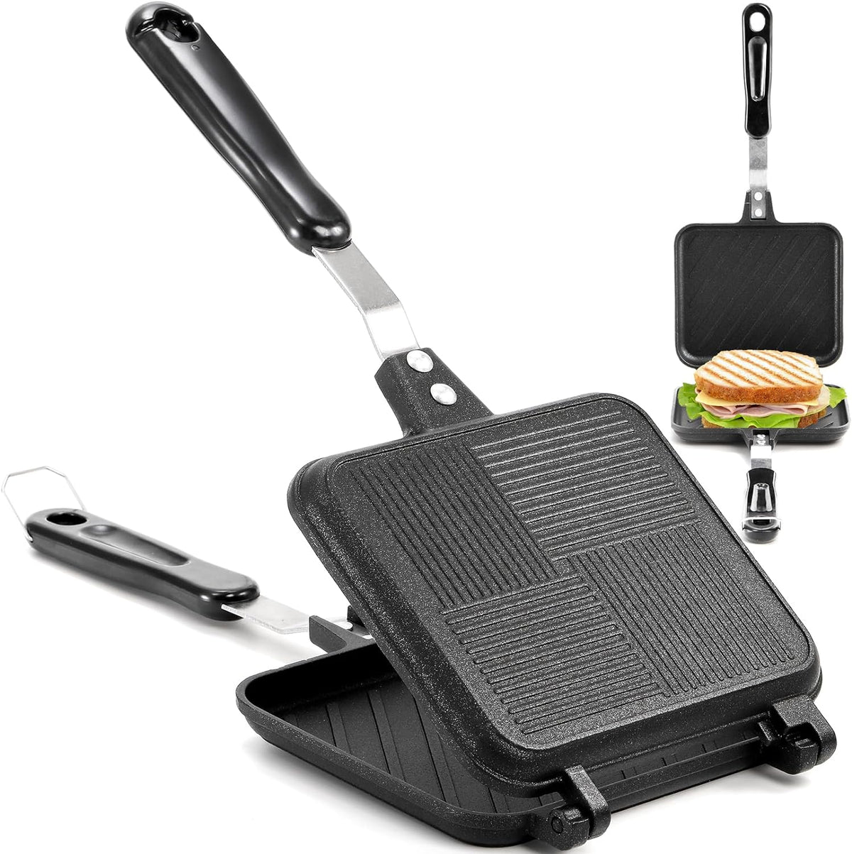 Elsjoy Hot Sandwich Panini Maker with Handle, Non-Stick Double Sided Frying Pan Grilled Sandwich Maker, Stovetop Toasted Sandwich Press for Home, Kitchen, Breakfast - PuriLite