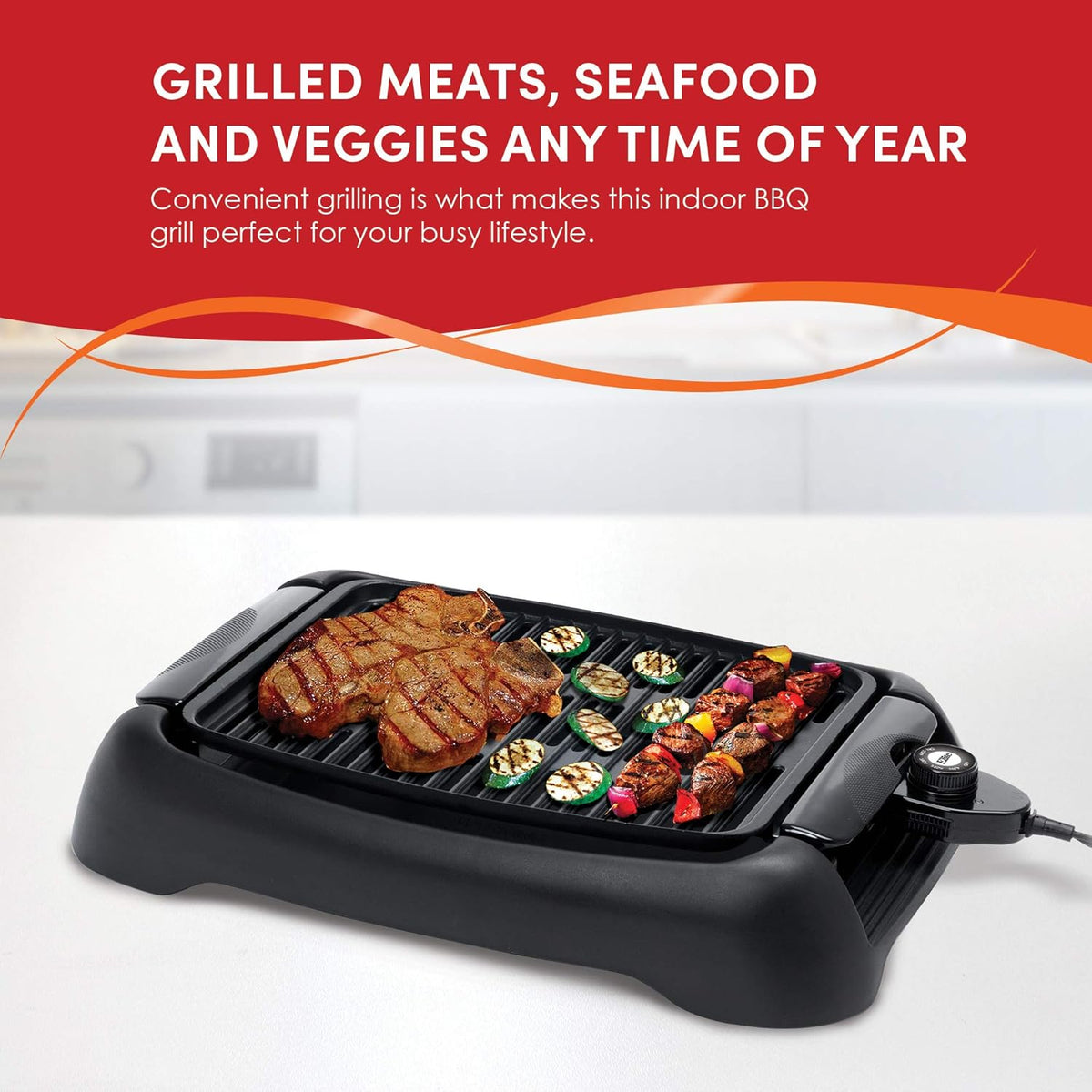 Elite Gourmet EMG6505G Smokeless Indoor Electric BBQ Grill with Glass Lid, Dishwasher Safe, PFOA-Free Nonstick, AdjCatable Temperature, Fast Heat Up, Low-Fat Meals Easy to Clean Design - PuriLite